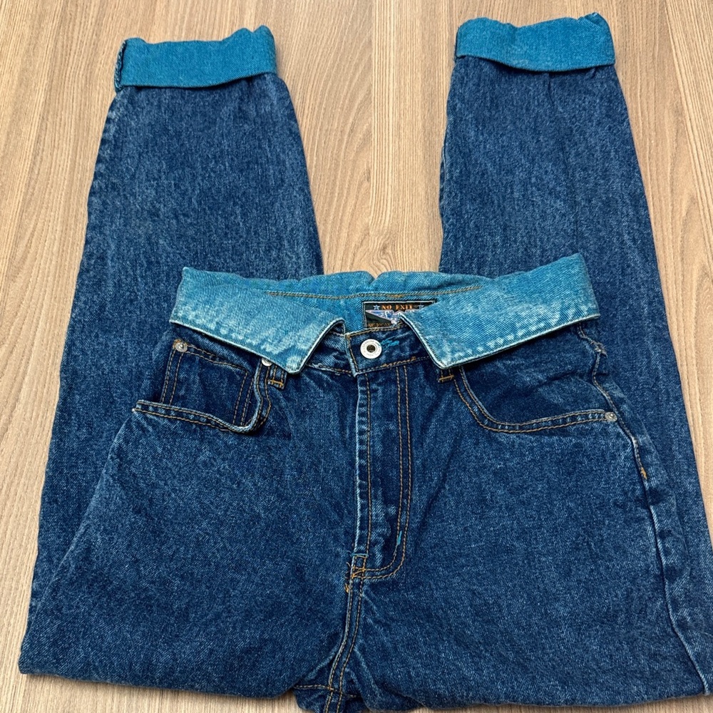 Jordache No Exit Vintage Fold Over High Rise Tapered Blue Jeans Flag Pocket 7/8